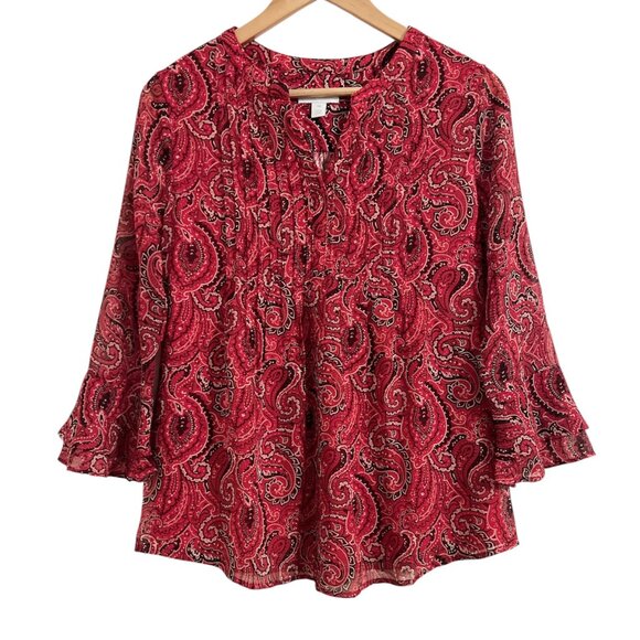 Charter Club Petite Medium PM Blouse Pintuck Paisley 3/4 Sleeves V-Neck Top - Picture 1 of 9